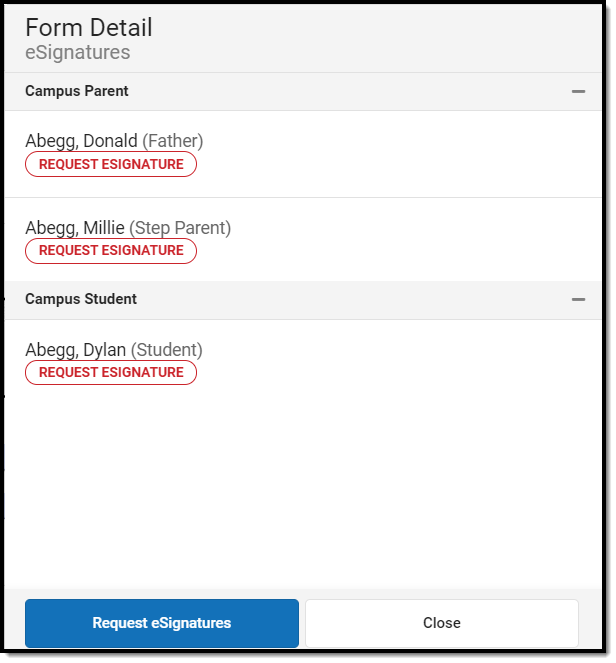 Screenshot of Form Detail window displaying Request eSignatures.