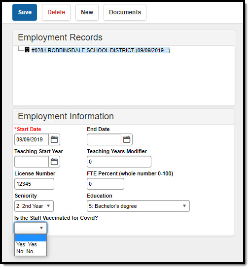 Screenshot of a Staff Covid Vaccine Custom Attribute Example on the District Employment tool.