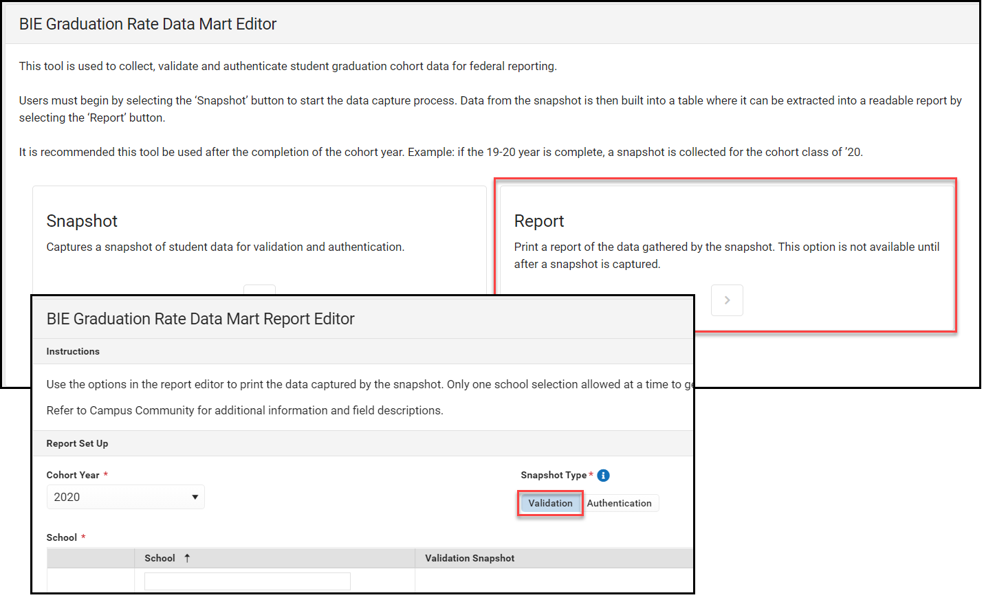Screenshot of the Graduation Rate Data Mart Report Editor with Validation type highlighted