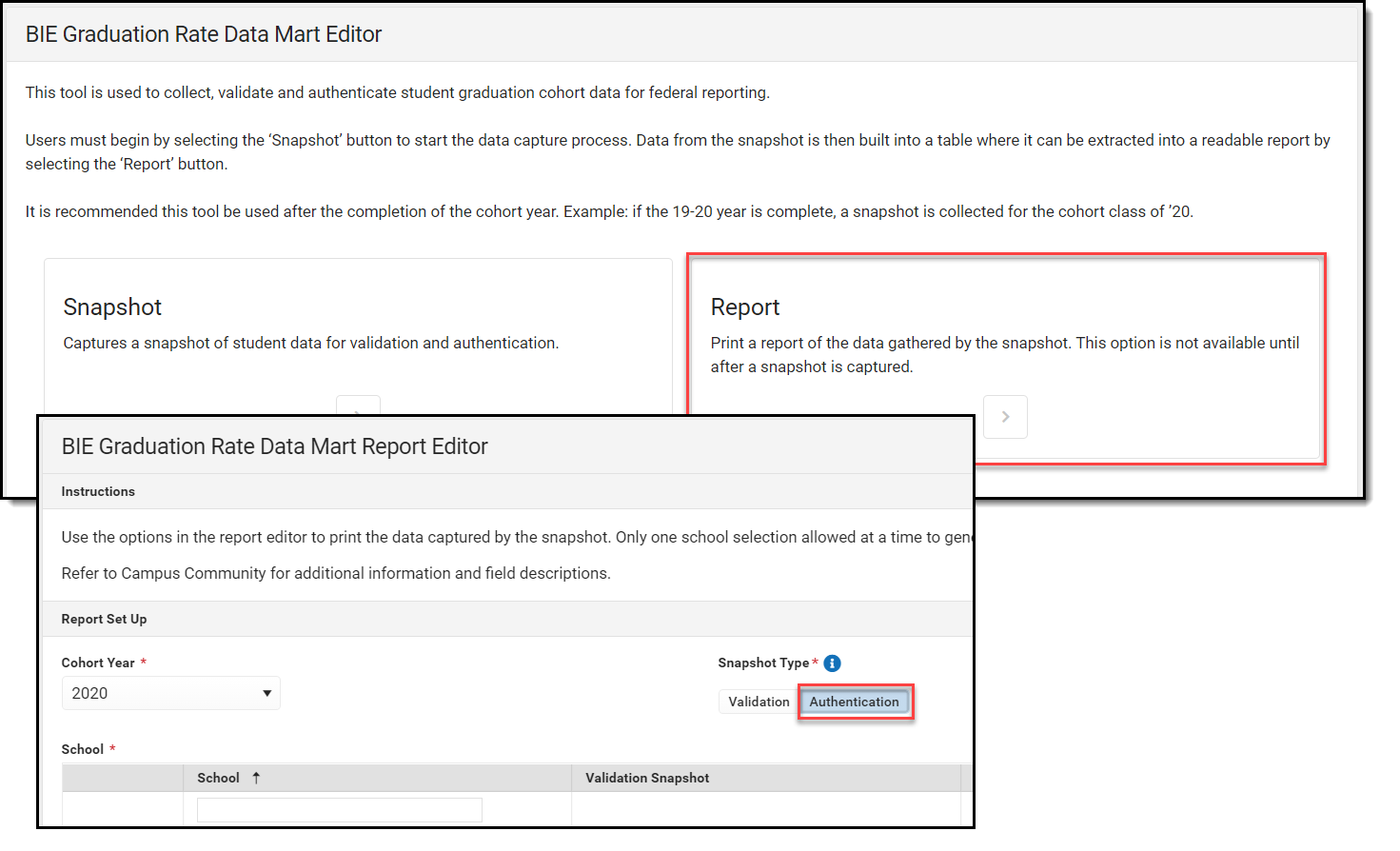 Screenshot of the Graduation Rate Data Mart Report Editor with Authentication type highlighted