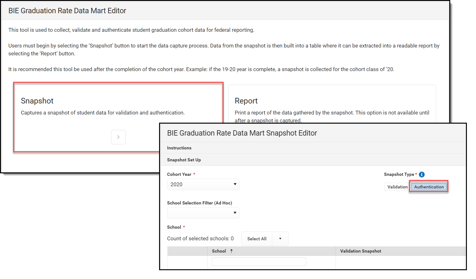 Screenshot of the Graduation Rate Data Mart Snapshot Editor with Authentication type highlighted