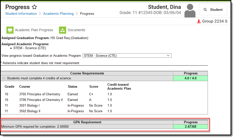 Screenshot of the GPA Requirement section in an Academic Program. 