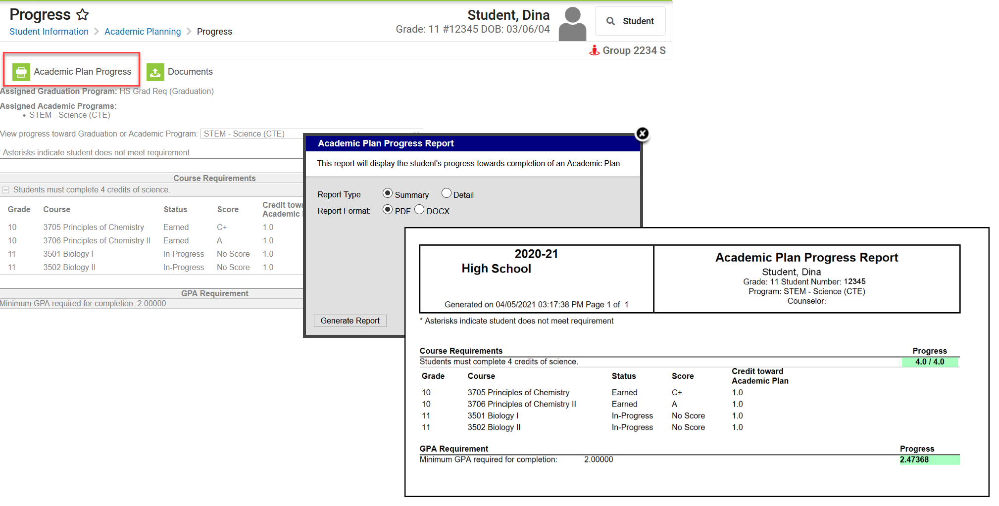 Screenshot highlighting the Academic Plan Progress button and an example of the report that displays. 