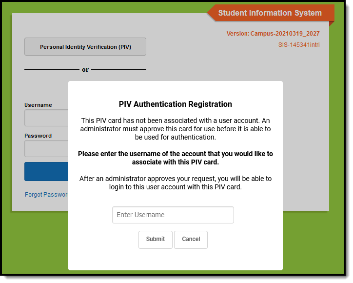 screenshot of the PIV authentication registration screen