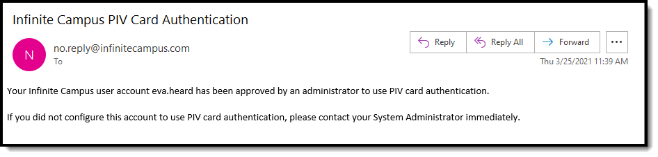 screenshot of an example of the email you will receive if your PIV card is approved