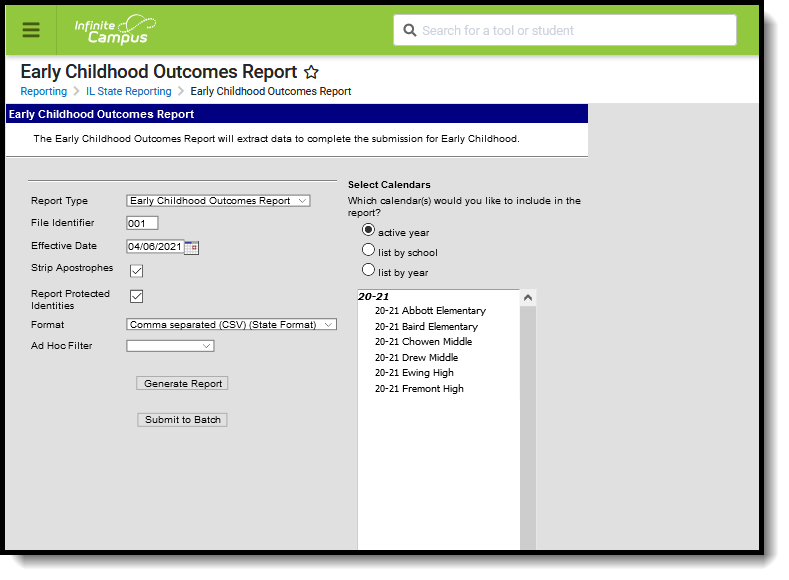 Screenshot of the Early Childhood Outcomes Report editor.