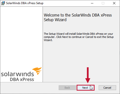 DBA xPress Setup Welcome Prompt with the Next option highlighted and selected.