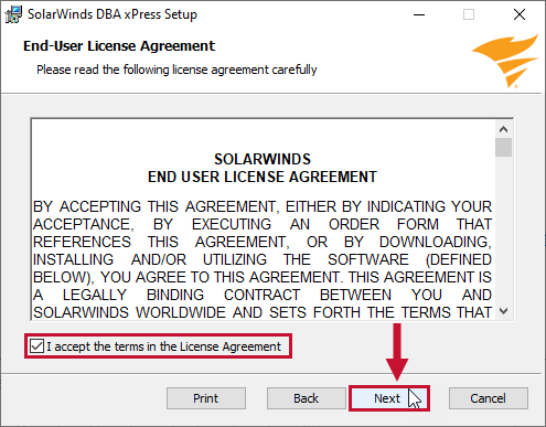 DBA xPress End-User License Agreement with the acceptance checkbox selected and the Next option highlighted.
