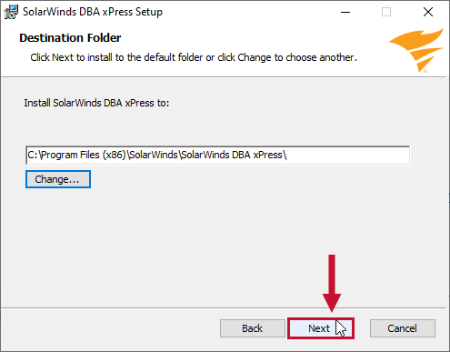 DBA xPress Setup Destination Folder page displaying the default destination folder with the Next option selected and highlighted.