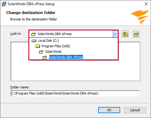 DBA xPress Setup Change Destination Folder page displaying an expanded destination search window with possible selections.