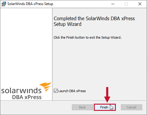 DBA xPress Setup Finish page displaying a Completed Setup message with the Finish option selected and highlighted.