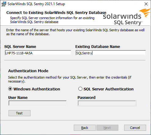 SentryOne Setup Wizard Connect to Existing SentryOne Database