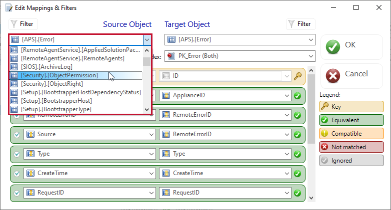DBA xPress Edit Mappings & Filters window Source Object