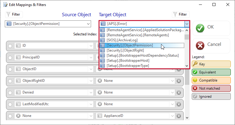 DBA xPress Edit Mappings & Filter window Target Object