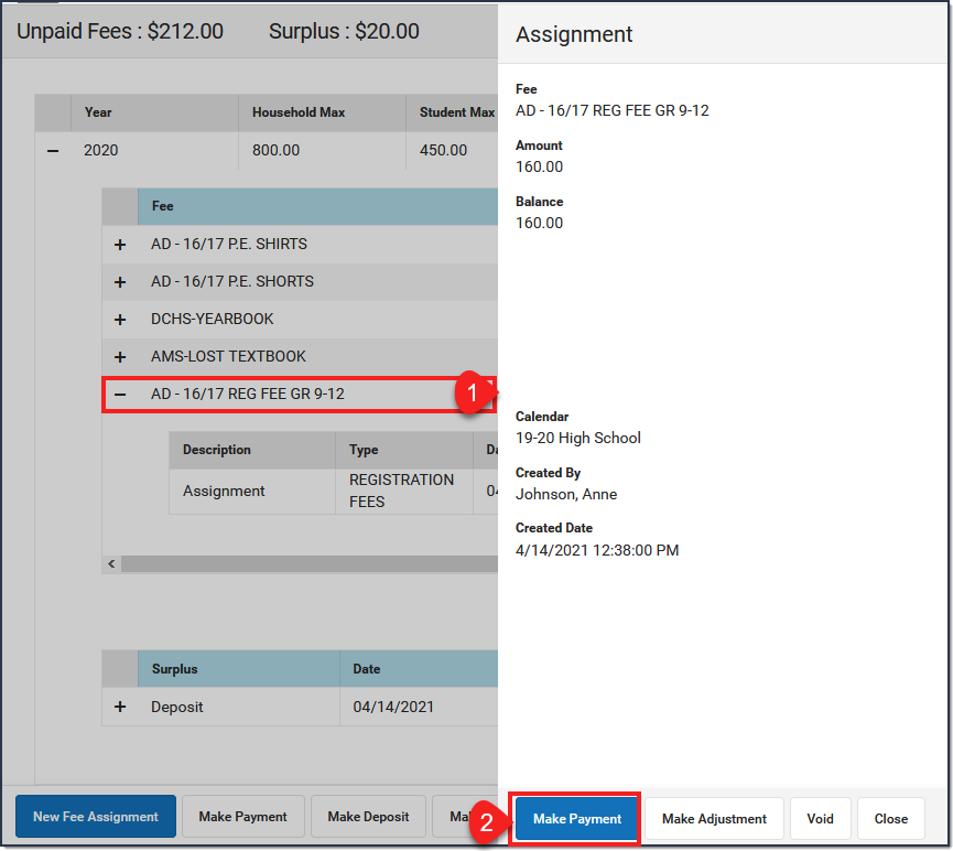Screenshot of paying an individual fee. Click the fee and from the panel, click the Make Payment button.