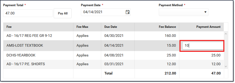 Screenshot of Payment window where the Payment Amount is highlighted and a dollar amount has been entered.