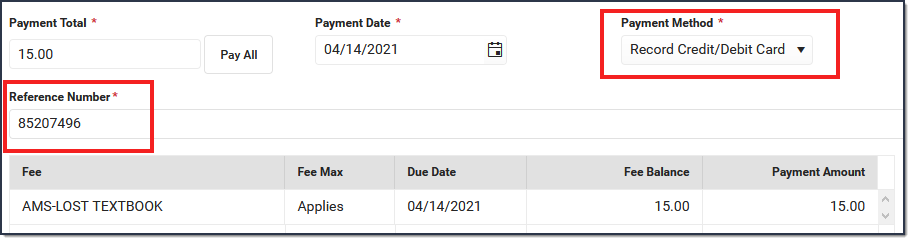 Screenshot of Payment window where the Payment Method is Record Credit/Debit Card. The Reference Number field is highlighted.