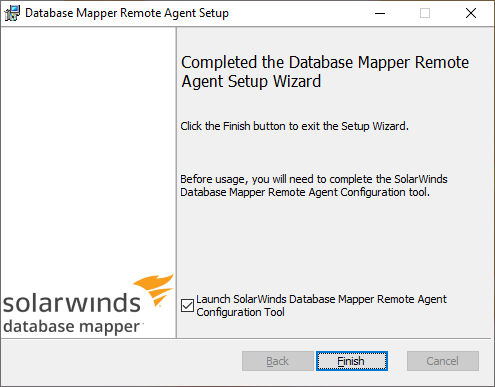 Completed Remote Agent Setup message, prompting you to select Finish and the Launch Configuration tool option checked.