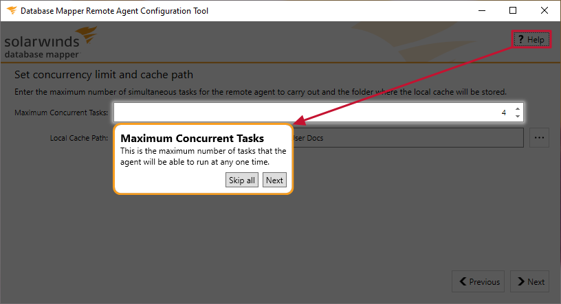 Config tool Concurrency limit and cache path displaying details about Maximum Concurrent Tasks and a greyed out screen.