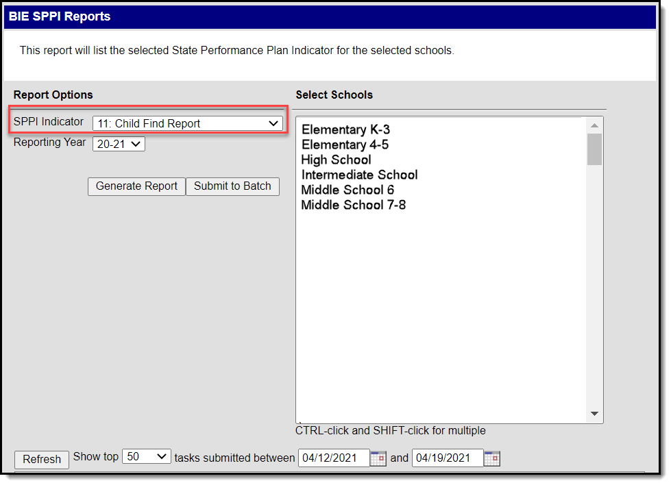 Screenshot of the Child Find Report option selected on the SPPI Report Editor