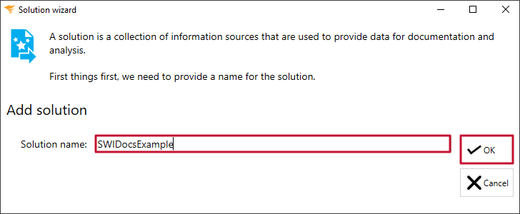Add Solution window prompting you to enter a solution name and select Ok to continue.