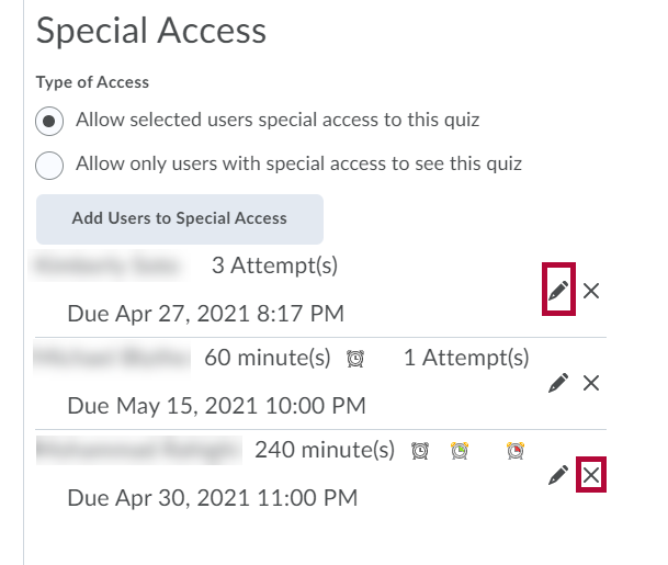 Identifies Edit and Delete controls for users in the Special Access list.