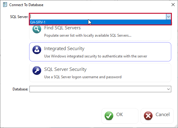 DBA xPress Connect to Database select SQL Server