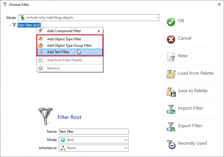 DBA xPress Choose Filter window Match Elements