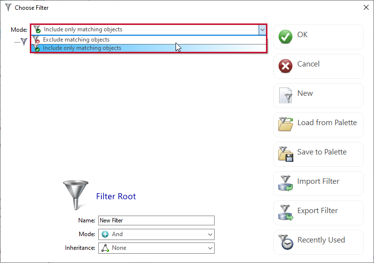 DBA xPress Choose Filter window Mode