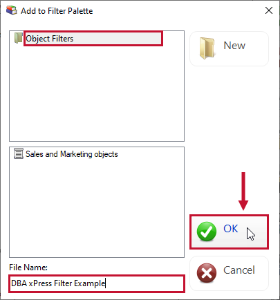 DBA xPress Add to Filter Palette window