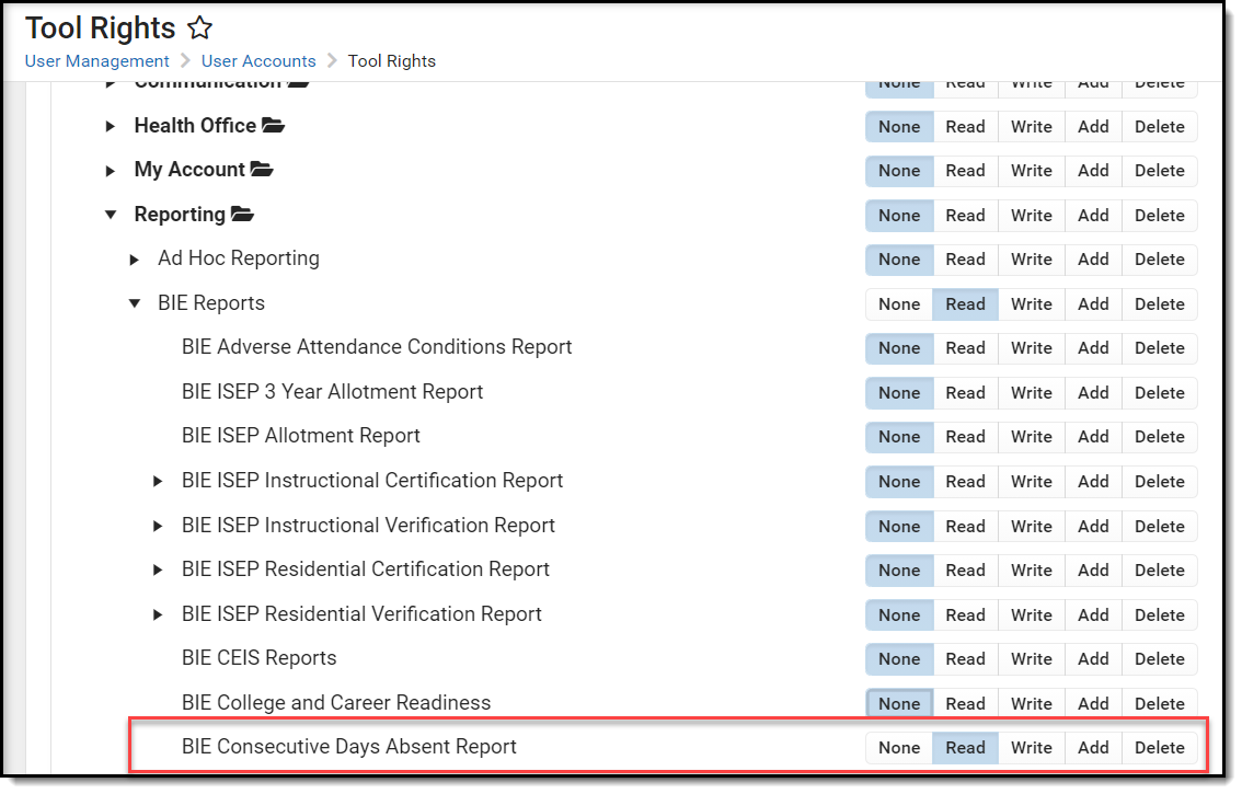 Screenshot of the tool rights options for this report. Options include none, read, write, add, and delete.