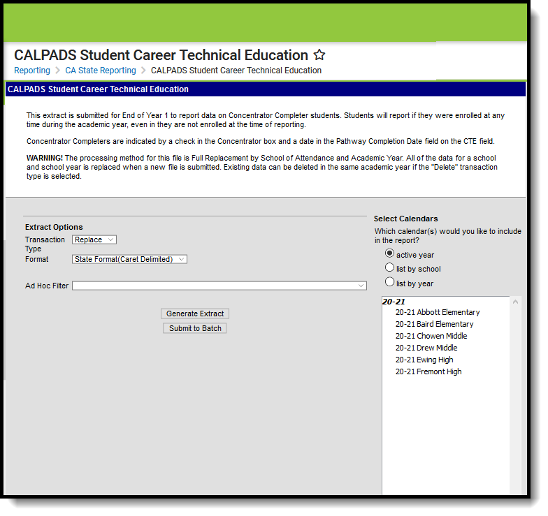 Screenshot of the CALPADS student career technical education extract editor. 