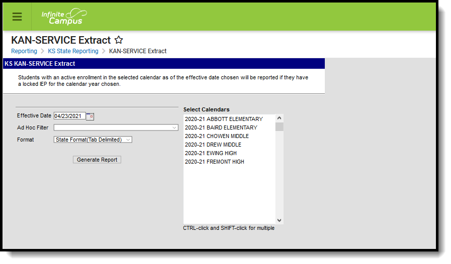 Screenshot of the KAN-SERVICE Extract editor.
