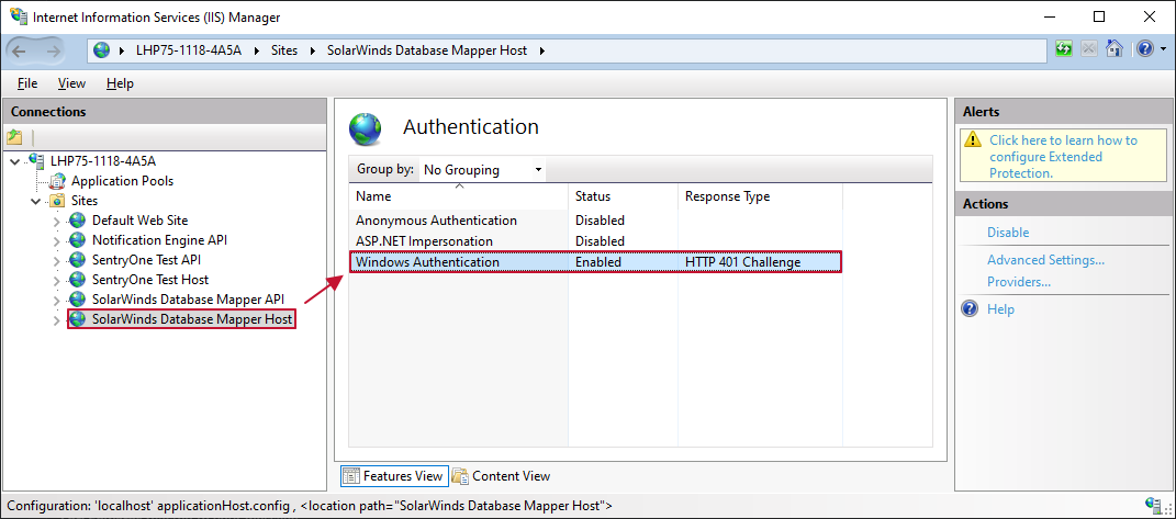 Internet Information Services (IIS) Manager showing Windows Authentication Enabled