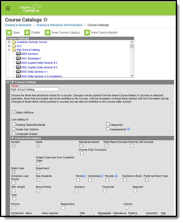 Screenshot of the Course Catalog tool with a catalog selected. 