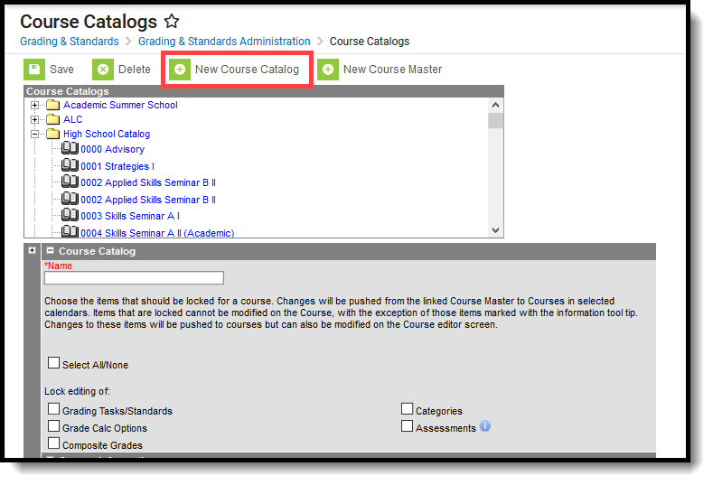 Screenshot of the catalog tool with the New Course Catalog button highlighted. 