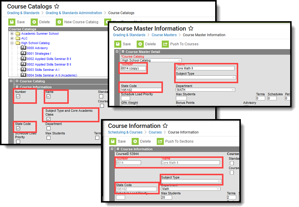 Three-part screenshot highlighting Course fields on the catalogs tool and those same fields as editable on Course Master Information and locked on Course Information. 
