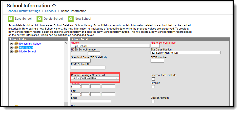 Screenshot of the School Information tool with the Course Catalog-Master List field highlighted. 