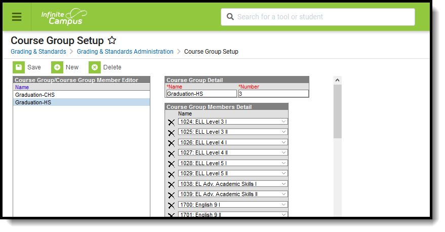 Screenshot of the Course Group tool with detail for the selected group shown on the right.