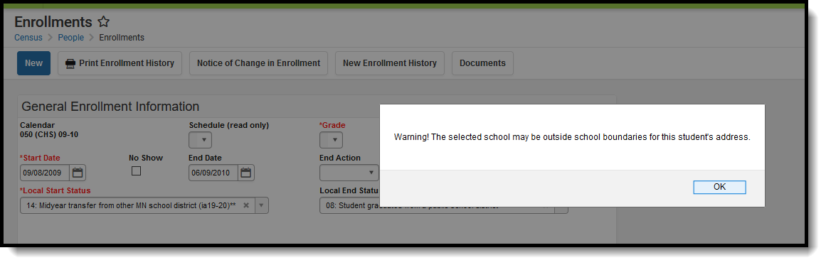Screenshot of the warning message when enrolling a student into a school that is outside of the school boundaries.