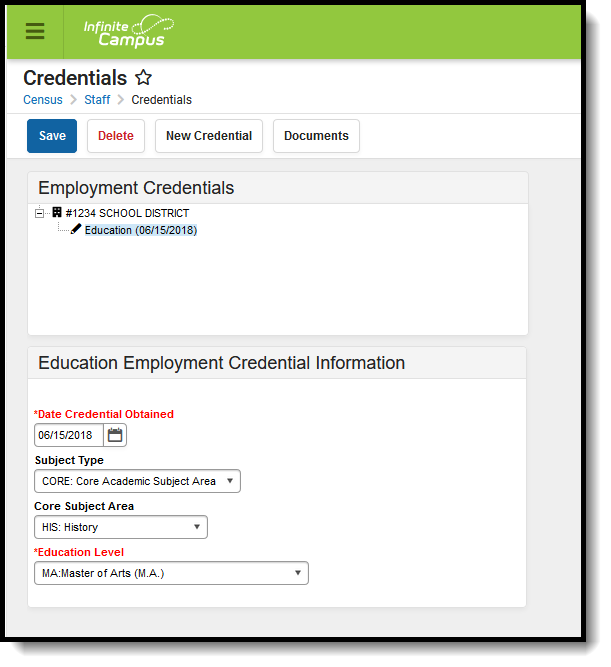 Screenshot of the Credentials tool with an Education Employment Credential selected.