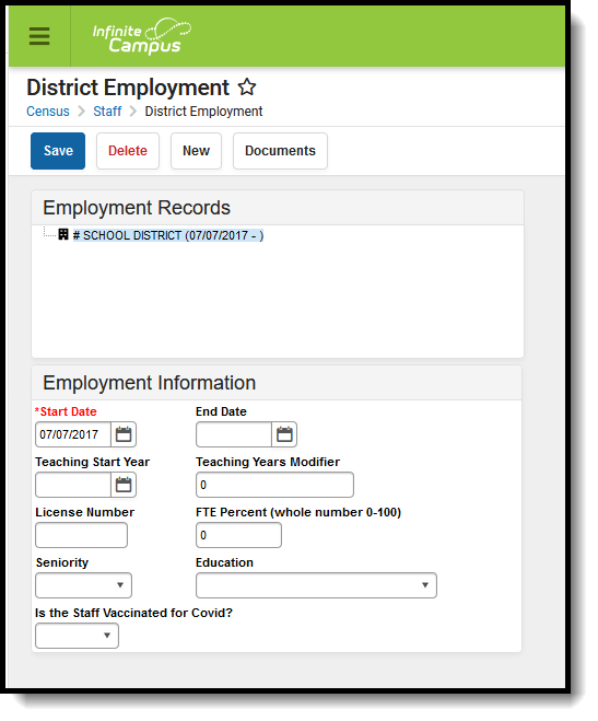Screenshot of the District Employment tool with an Employment Record selected.