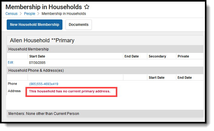 Screenshot of a household with no primary address.
