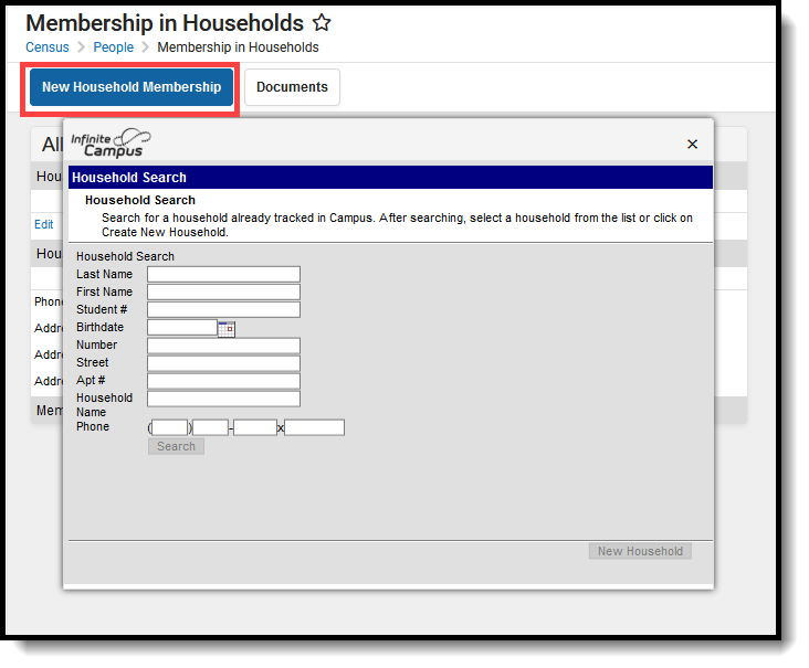 Screenshot of the New Household Membership button and the household search fields.