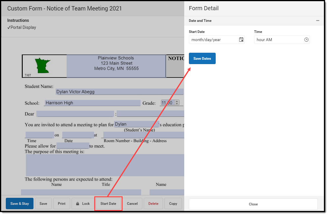 Image showing how to set a start date for a form to be available.