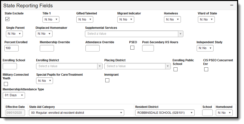 Screenshot of the Enrollments > State Reporting Fields.
