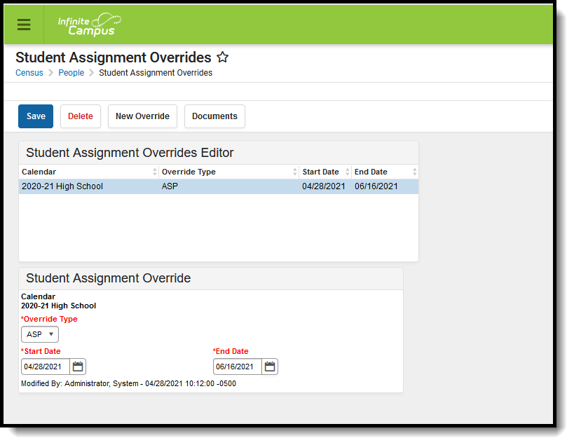Screenshot of Student Assignment Overrides editor and fields.