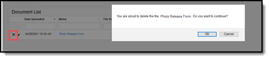 Screenshot highlighting the delete button that removes a document. 