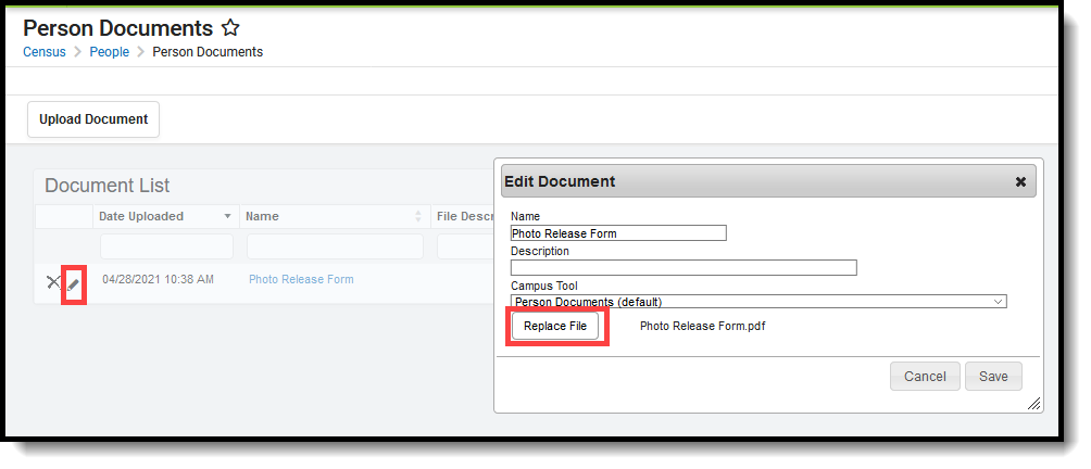 Screenshot of the replace uploaded document editor.