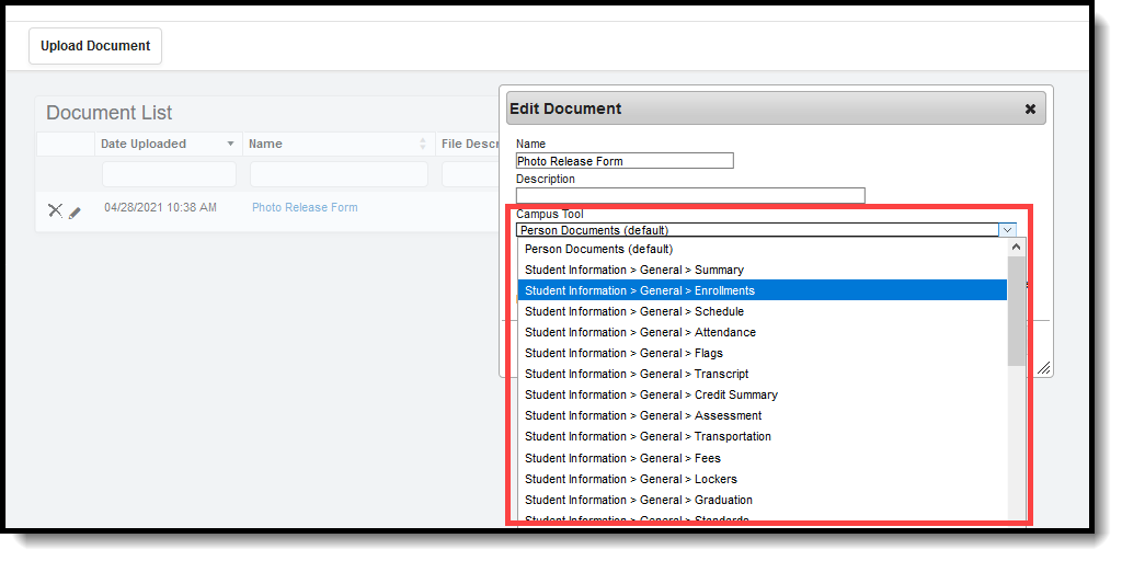 Screenshot highlighting the Campus Tool dropdown list in the Edit Document popup. 